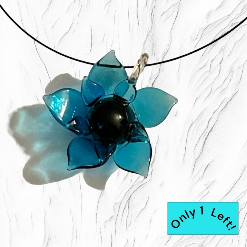 Handmade Necklace Lotus Flower Blue Aqua Glass Statement Piece New - Picture 1 of 9